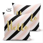 Çift Taraflı Beyaz Zemin Üzerinde Renkli Yatay Çizgili Gold Detaylı Hello Yazılı Süet Yastık Kılıfı Realhomes