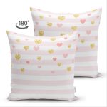 - Suet-K-8247-Gorsel2 - Realhomes Çift Taraflı Beyaz Zemin Üzerinde Pembe Yatay Çizgili Gold Detaylı Kalp Desenli Süet Kırlent Kılıfı Realhomes