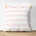 Çift Taraflı Beyaz Zemin Üzerinde Pembe Yatay Çizgili Gold Detaylı Kalp Desenli Süet Yastık Kılıfı Realhomes