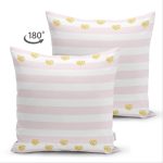 Çift Taraflı Beyaz Zemin Üzerinde Pembe Yatay Çizgili Gold Detaylı Kalp Desenli Süet Yastık Kılıfı Realhomes