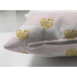 Çift Taraflı Beyaz Zemin Üzerinde Pembe Yatay Çizgili Gold Detaylı Kalp Desenli Süet Yastık Kılıfı Realhomes