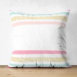 Çift Taraflı Beyaz Zemin Üzerinde Renkli Yatay Çizgili Gold Detaylı Süet Yastık Kırlent Kılıfı Realhomes