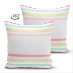 Çift Taraflı Beyaz Zemin Üzerinde Renkli Yatay Çizgili Gold Detaylı Süet Yastık Kırlent Kılıfı Realhomes