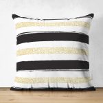 Çift Taraflı Beyaz Zemin Üzerinde Gold Detaylı Siyah Yatay Çizgili Süet Yastık Kırlent Kılıfı Realhomes