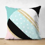 Çift Taraflı Renkli Zemin Üzerinde Gold Detaylı Geometrik Çizimli Süet Yastık Kırlent Kılıfı Realhomes