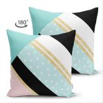 Çift Taraflı Renkli Zemin Üzerinde Gold Detaylı Geometrik Çizimli Süet Yastık Kırlent Kılıfı Realhomes