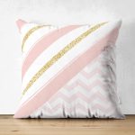 Çift Taraflı Renkli Zemin Üzerinde Gold Detaylı Geometrik Çizimli Süet Yastık Kırlent Kılıfı Realhomes