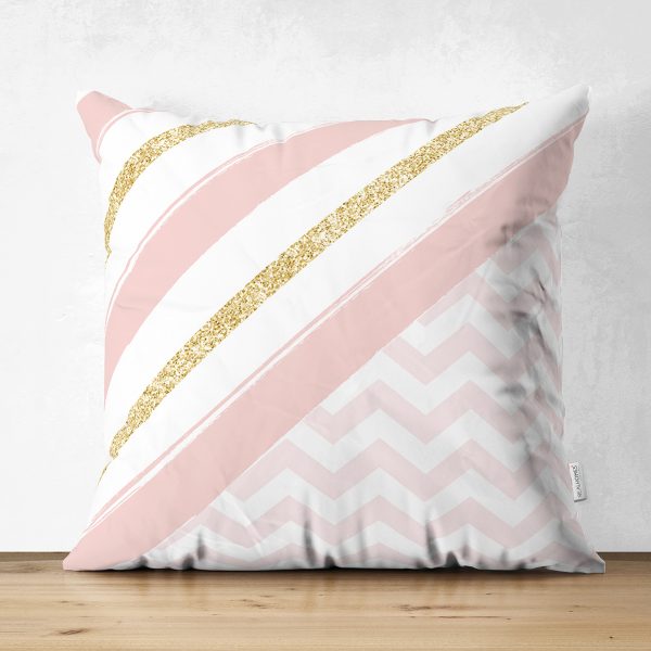 Çift Taraflı Beyaz Zemin Üzerinde Gold Detaylı Siyah Zigzag Desenli Süet Yastık Kırlent Kılıfı Realhomes