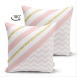 Çift Taraflı Renkli Zemin Üzerinde Gold Detaylı Geometrik Çizimli Süet Yastık Kırlent Kılıfı Realhomes