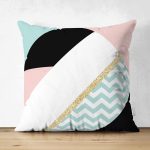 Çift Taraflı Renkli Zemin Üzerinde Gold Detaylı Geometrik Çizimli Süet Yastık Kırlent Kılıfı Realhomes