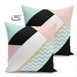 Çift Taraflı Renkli Zemin Üzerinde Gold Detaylı Geometrik Çizimli Süet Yastık Kırlent Kılıfı Realhomes