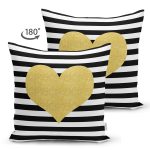 Çift Taraflı Beyaz Zemin Üzerinde Siyah Yatay Çizgili Gold Detaylı Kalp Desenli Süet Kırlent Kılıfı Realhomes