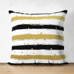 Çift Taraflı Beyaz Zemin Üzerinde Gold Detaylı Siyah Yatay Çizgili Süet Yastık Kırlent Kılıfı Realhomes