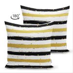 Çift Taraflı Beyaz Zemin Üzerinde Gold Detaylı Siyah Yatay Çizgili Süet Yastık Kırlent Kılıfı Realhomes