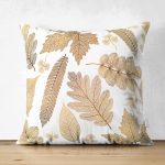 Çift Taraflı Beyaz Zemin Üzerinde Gold Detaylı Yaprak Desenli Modern Süet Yastık Kırlent Kılıfı Realhomes