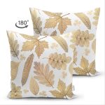 Çift Taraflı Beyaz Zemin Üzerinde Gold Detaylı Yaprak Desenli Modern Süet Yastık Kırlent Kılıfı Realhomes