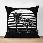 Çift Taraflı Siyah Zemin Üzerinde Beyaz Çizgili Palmiye Desenli Modern Süet Yastık Kırlent Kılıfı Realhomes