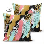 Çift Taraflı Beyaz Zemin Üzerinde Gold Detaylı Renkli Geometrik Desenli Süet Yastık Kırlent Kılıfı Realhomes