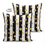 - Suet-K-8282-Gorsel2 - Realhomes Çift Taraflı Beyaz Zemin Üzerinde Siyah Çizgili Gold Detaylı Puantiyeli Süet Yastık Kırlent Kılıfı Realhomes