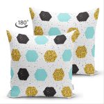 Çift Taraflı Beyaz Zemin Üzerinde Gold Detaylı Geometrik Desenli Süet Yastık Kırlent Kılıfı Realhomes