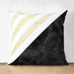 Çift Taraflı Beyaz Zemin Üzerinde Siyah Mermer Detaylı Gold Yatay Çizgili Süet Yastık Kırlent Kılıfı Realhomes