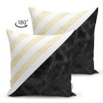 Çift Taraflı Beyaz Zemin Üzerinde Siyah Mermer Detaylı Gold Yatay Çizgili Süet Yastık Kırlent Kılıfı Realhomes