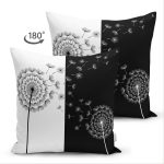 Çift Taraflı Siyah Beyaz Zeminli Çiçek Desenli Dijital Baskılı Modern Süet Yastık Kırlent Kılıfı Realhomes