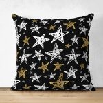 - Suet-K-8297-Gorsel1 - Realhomes Çift Taraflı Siyah Zemin Üzerinde Gold Detaylı Beyaz Yıldız Desenli Süet Yastık Kırlent Kılıfı Realhomes