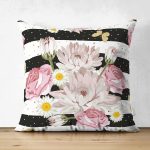 - Suet-K-8299-Gorsel1 - Realhomes Çift Taraflı Beyaz Zemin Üzerinde Siyah Yatay Çizgili Çiçek Desenli Süet Yastık Kırlent Kılıfı Realhomes