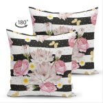 - Suet-K-8299-Gorsel2 - Realhomes Çift Taraflı Beyaz Zemin Üzerinde Siyah Yatay Çizgili Çiçek Desenli Süet Yastık Kırlent Kılıfı Realhomes
