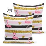 - Suet-K-8303-Gorsel2 - Realhomes Çift Taraflı Beyaz Zemin Üzerinde Flamingo Desenli Gold Detaylı Yatay Çizgi Süet Kırlent Kılıfı Realhomes