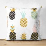 Çift Taraflı Beyaz Zemin Üzerinde Gold Detaylı Ananas Desenli Modern Süet Yastık Kırlent Kılıfı Realhomes