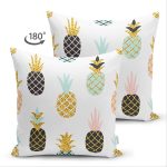 Çift Taraflı Beyaz Zemin Üzerinde Gold Detaylı Ananas Desenli Modern Süet Yastık Kırlent Kılıfı Realhomes