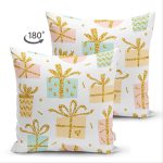 - Suet-K-8316-Gorsel2 - Realhomes Çift Taraflı Beyaz Zemin Üzerinde Gold Detaylı Hediye Paketi Desenli Süet Yastık Kırlent Kılıfı Realhomes