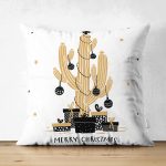 - Suet-K-8320-Gorsel1 - Realhomes  Çift Taraflı Beyaz Zemin Üzerinde Gold Detaylı Kaktüs Desenli Merry Christmas Süet Yastık Kılıfı Realhomes