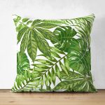 Çift Taraflı Beyaz Zemin Üzerinde Yeşil Yaprak Desenli Süet Yastık Kırlent Kılıfı Realhomes