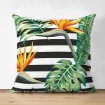 - Suet-K-8350-Gorsel1 - Realhomes Çift Taraflı Beyaz Zemin Üzerinde Yeşil Yaprak Desenli Süet Yastık Kırlent Kılıfı Realhomes