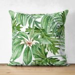 - Suet-K-8352-Gorsel1 - Realhomes Çift Taraflı Beyaz Zemin Üzerinde Yeşil Yaprak Desenli Süet Yastık Kırlent Kılıfı Realhomes