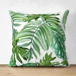- Suet-K-8353-Gorsel1 - Realhomes Çift Taraflı Beyaz Zemin Üzerinde Yeşil Yaprak Desenli Süet Yastık Kırlent Kılıfı Realhomes