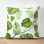 - Suet-K-8355-Gorsel1 - Realhomes Çift Taraflı Beyaz Zemin Üzerinde Yeşil Yaprak Desenli Süet Yastık Kırlent Kılıfı Realhomes