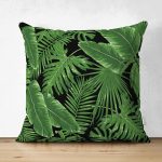 - Suet-K-8356-Gorsel1 - Realhomes Çift Taraflı Siyah Zemin Üzerinde Yeşil Yaprak Desenli Süet Yastık Kırlent Kılıfı Realhomes