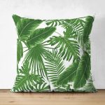 - Suet-K-8358-Gorsel1 - Realhomes  Çift Taraflı Beyaz Zemin Üzerinde Yeşil Yaprak Desenli Süet Yastık Kırlent Kılıfı Realhomes