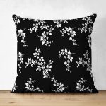 - Suet-K-8363-Gorsel1 - Realhomes Çift Taraflı Siyah Zeminli Beyaz Çiçek Desenli Dijital Baskılı Modern Süet Yastık Kırlent Kılıfı Realhomes