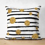 Çift Taraflı Beyaz Zemin Üzerinde Gold Detaylı Puantiye Desenli Modern Süet Yastık Kırlent Kılıfı Realhomes