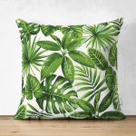 Çift Taraflı Beyaz Zeminli Yeşi Yaprak Desenli Dijital Baskılı Modern Süet Yastık Kırlent Kılıfı Realhomes