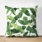 Çift Taraflı Beyaz Zemin Üzerinde Yeşil Yaprak Desenli Süet Yastık Kırlent Kılıfı Realhomes