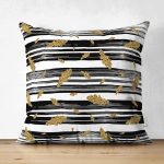 Çift Taraflı Beyaz Zemin Üzerinde Gold Detaylı Yaprak Desenli Modern Süet Yastık Kırlent Kılıfı Realhomes