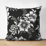 Çift Taraflı Siyah Zemin Üzerinde Çiçek Desenli Dijital Baskılı Modern Süet Yastık Kırlent Kılıfı Realhomes