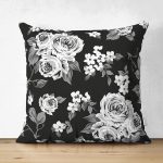 Çift Taraflı Siyah Zemin Üzerinde Çiçek Desenli Dijital Baskılı Modern Süet Yastık Kırlent Kılıfı Realhomes