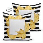 Çift Taraflı Beyaz Zemin Üzerinde Siyah Çizgili Sonbahar Yaprak Desenli Süet Yastık Kırlent Kılıfı Realhomes